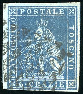 1851 - 6 crazie azzurro scuro su azzurro ... 