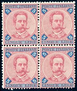 1891 - 5 lire carminio e azzurro Umberto I ... 