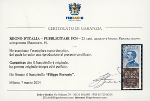 1924 - 25 cent. Piperno (6), gomma ... 