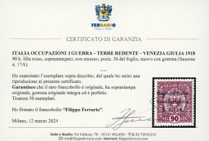 VENEZIA GIULIA 1918 - 90 h. lilla ... 