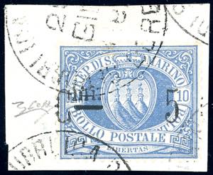 1892 - 5 cent. su 10 cent. oltremare Stemma, ... 