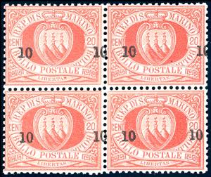 1892 - 10 cent. su 20 cent. (11), blocco di ... 