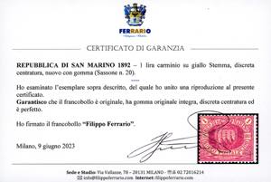 1892 - 1 lira carminio su giallo ... 