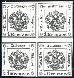 1859 - 1 kr. nero (2) blocco di quattro, ... 