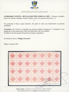 1859 - 2 kr. vermiglio (3), blocco ... 