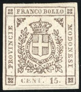 1859 - 15 cent. bruno (13), gomma originale, ... 