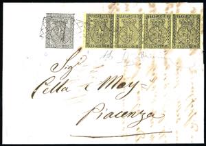 1853 - 5 cent. giallo arancio, striscia ... 