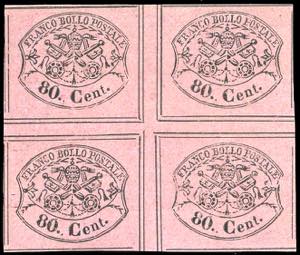1867 - 80 cent. rosa lillaceo (20), blocco ... 