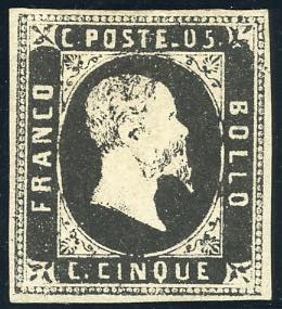 1851 - 5 cent. nero (1), gomma originale, ... 