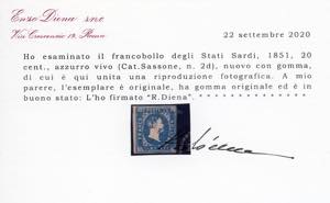 1851 - 20 cent. azzurro vivo (2d), ... 