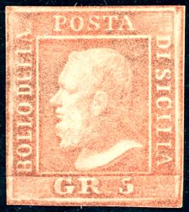 1859 - 5 grana vermiglio, I tavola, ritocco ... 