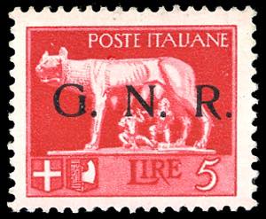 1943 - 5 lire rosso, soprastampa G.N.R. di ... 