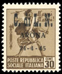 ARONA 1945 - 30 cent. bruno, Tamburino, ... 