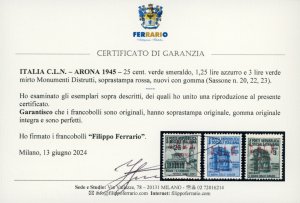 ARONA 1945 -  25 cent., 1 lira e 3 ... 