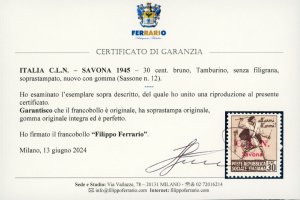 SAVONA 1945 - 30 cent. Tamburino, ... 