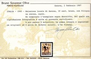 SAVONA 1945 - 30 cent. Tamburino, ... 