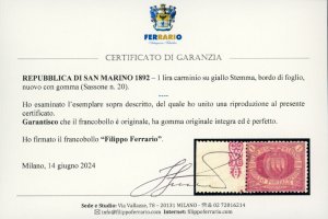 1892 - 1 lira carminio su giallo ... 