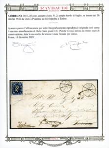 1852 - 20 cent. azzurro (2), bordo ... 
