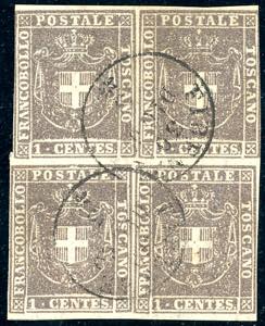 1860 - 1 cent. violetto bruno (17), blocco ... 