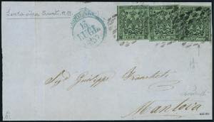 1857 - 5 cent. verde oliva, tre esemplari, ... 