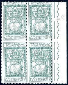1921 - 25 cent. verde Dante, blocco di ... 