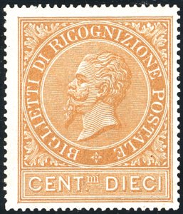 1874 - 10 cent. ocra arancio (1), gomma ... 
