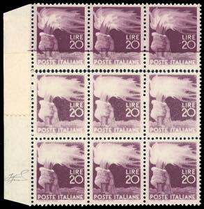 1945 - 20 lire Democratica, blocco di 9 ... 