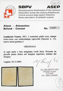 1851 - 5 cent. giallo ocra, stampa ... 