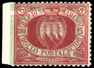 1894 - 5 lire carminio su verde Stemma, non ... 