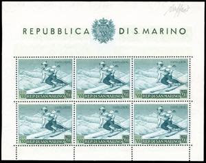 1953 - Sciatrice, foglietto (15), gomma ... 