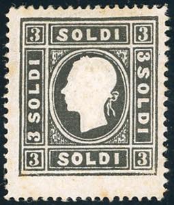 1858 - 3 soldi nero, I tipo, dent. 16 x 15 ... 