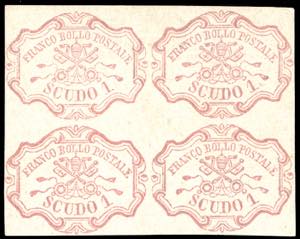 1852 - 1 scudo rosa carminio (11), blocco di ... 
