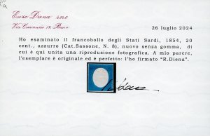 1854 - 20 cent. azzurro (8), nuovo ... 