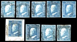 1859 - 2 grana, II tavola, nove esemplari ... 