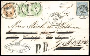 1864 - 3 kr. verde, dent. 14, coppia, 15 kr. ... 