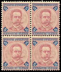 1891 - 5 lire carminio e azzurro (64), ... 