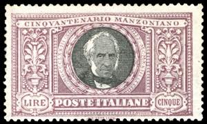 1923 - 5 lire Manzoni (156), nuovo, gomma ... 