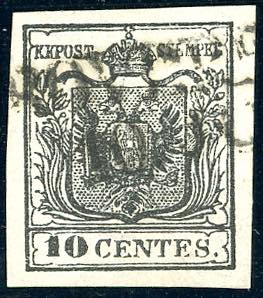 1850 - 10 cent. nero, ritocco, dicitura ... 