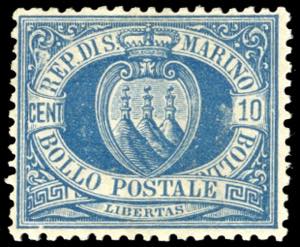 1888 - 10 cent. azzurro Stemma (3A), nuovo, ... 