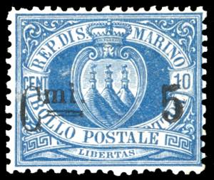 1892 - 5 cent. su 10 cent. Stemma, due linee ... 