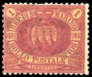 1892 - 1 lira carminio su giallo Stemma ... 