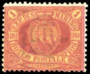 1892 - 1 lira carminio su giallo Stemma ... 