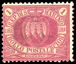 1892 - 1 lira carminio su giallo Stemma ... 