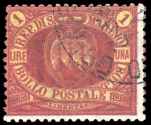 1892 - 1 lira carminio su giallo Stemma ... 