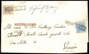 1857 - 45 cent. azzurro e 30 cent. bruno, ... 