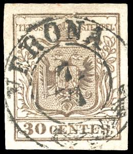 1853 - 30 cent. bruno, falso per posta di ... 