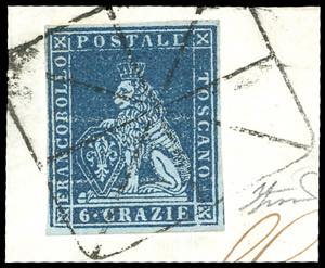 1851 - 6 crazie azzurro scuro su carta ... 