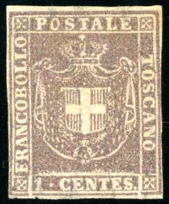 1860 - 1 cent. violetto bruno (17), nuovo, ... 