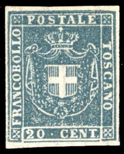 1860 - 20 cent. azzurro (20), nuovo, gomma ... 