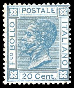 1867 - 20 cent. azzurro, tiratura di Torino ... 